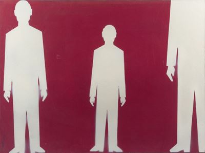 Uomini statistici - Tre bianchi su fondo rosso, vernice a spruzzo su cartone