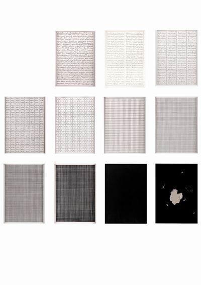 Ennesima (Appunti per la descrizione di 11 disegni datati 1975-'92), inchiostro nero su carta bia...