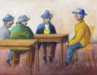 Quattro uomini al tavolo, olio su tela
