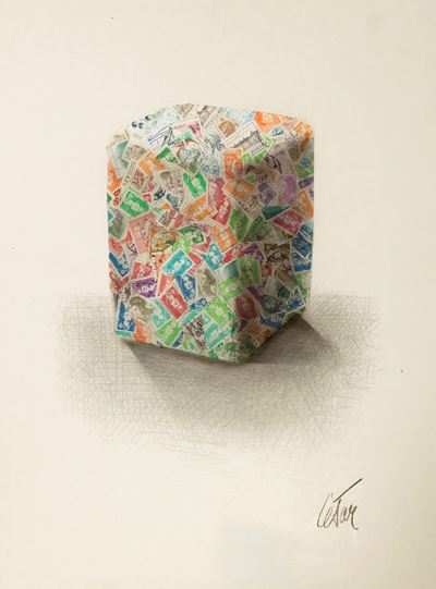 Compressione di francobolli, tecnica mista e collage di francobolli su cartone