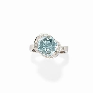  - A 18k white gold, diamond and aquamarine ring