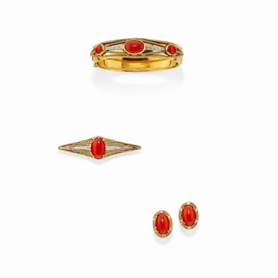 Demi Parure in Oro Bicolore 18k, Corallo e Diamanti