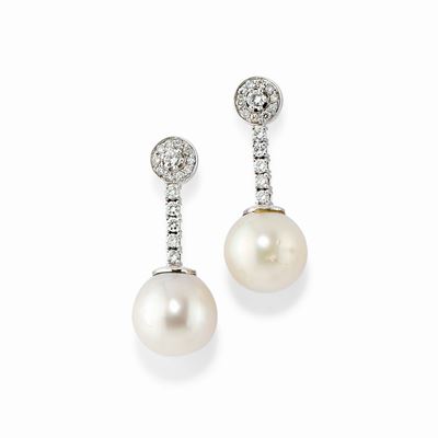 Orecchini in Oro Bianco 18k, Diamanti e Perle Coltivate