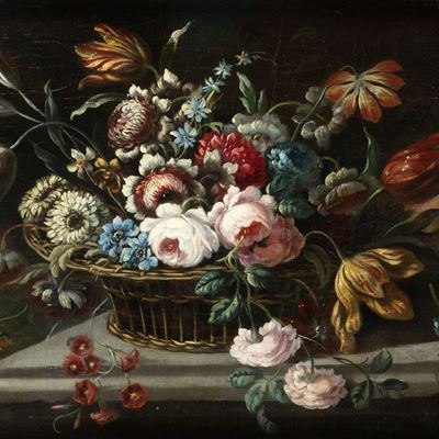 Fiori in un cesto di vimini su un tavolo di pietra, olio su tela