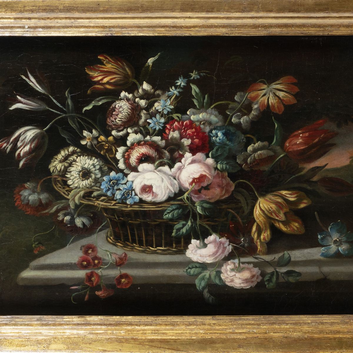 Seguace di Mario De’ Fiori - Fiori in un cesto di vimini su un tavolo di pietra, olio su tela