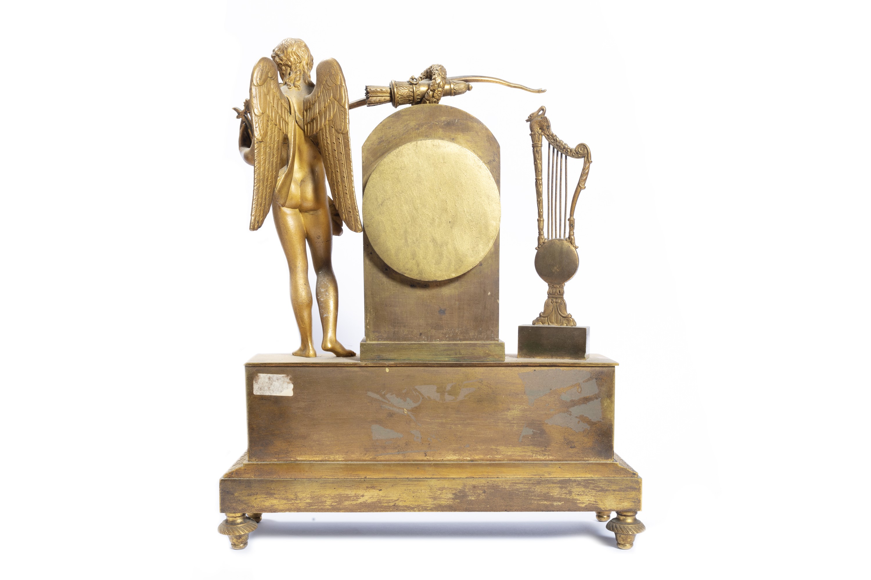 Pendola Impero in Bronzo Dorato con Cupido che Suona la Cetra, Inizi Secolo XIX