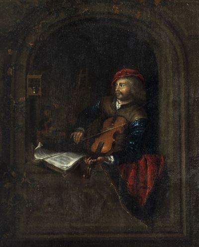 Frans Mieris il Vecchio, Suonatore di violino in un interno, olio su tavola