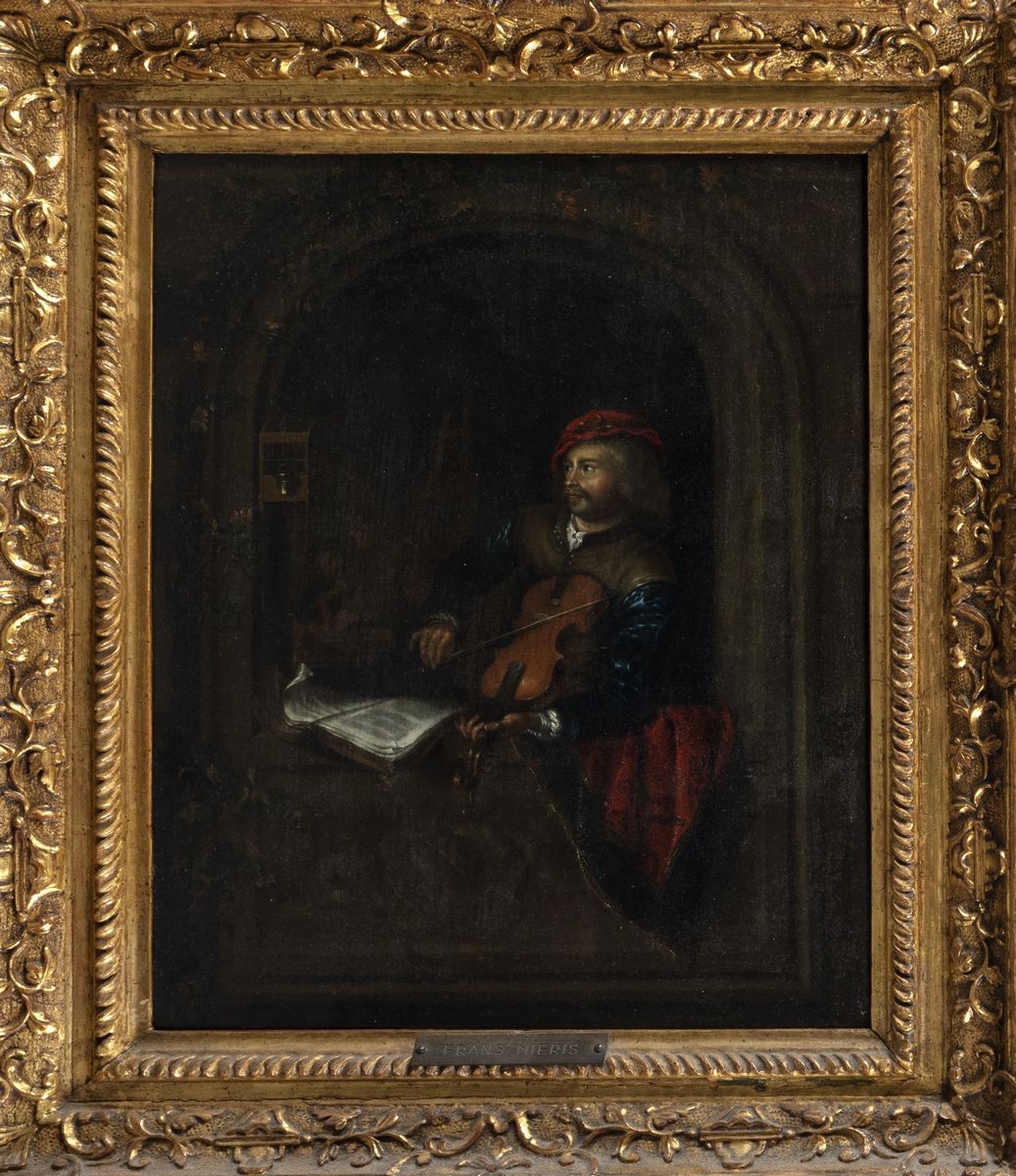 Maniera di Gerrit Dou - Frans Mieris il Vecchio, Suonatore di violino in un interno, olio su tavo...