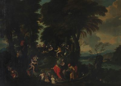 Autore non identificato, Paesaggio con la moltiplicazione dei pani e dei pesci, olio su tela