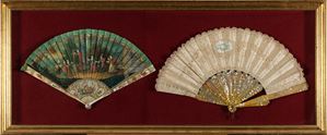 Lot of two fans, one of which in the manner of Vernis Martin with a scene of games en plein air, 19th century