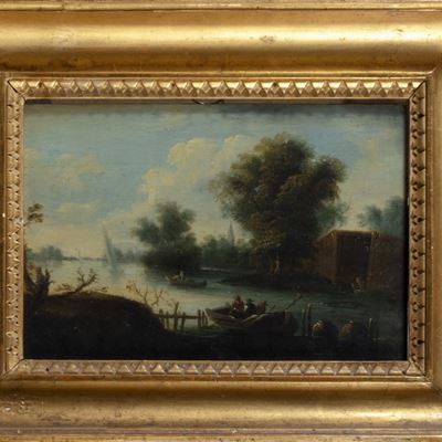 Paesaggio fluviale con pescatori, olio su tavola
