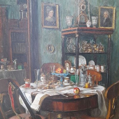 Interno con tavola imbandita, olio su tavola