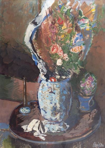Natura morta con fiori e fazzoletto bianco, olio su tela