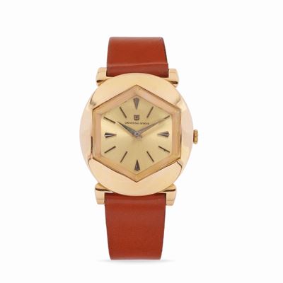 Orologio di forma, anni '50, oro rosa 18k, quadrante champagne