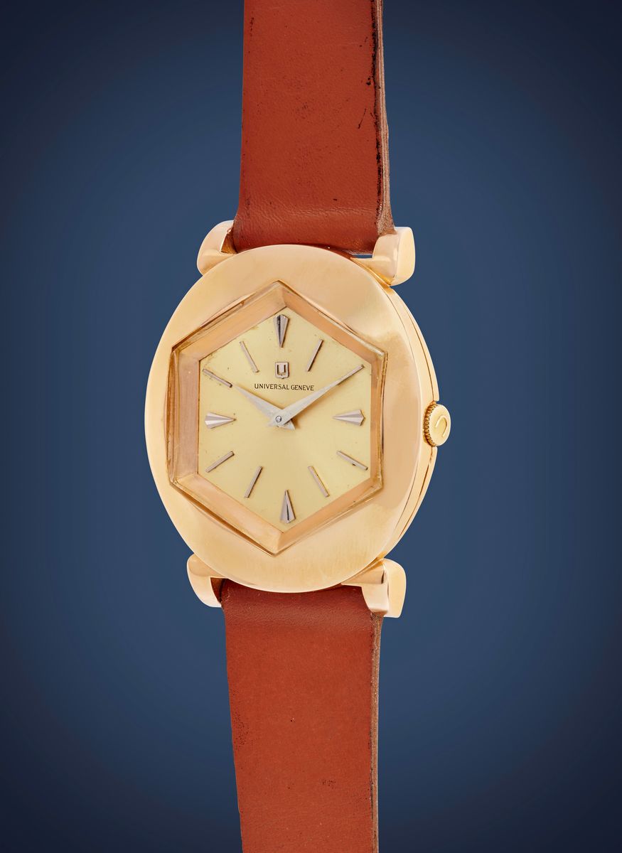 Universal Genève - Orologio di forma, anni '50, oro rosa 18k, quadrante champagne