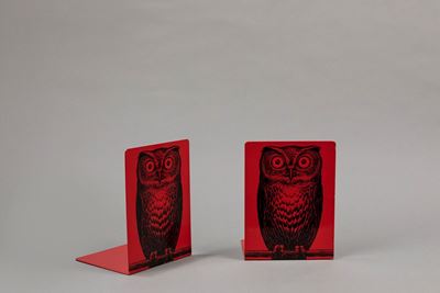 Coppia di fermalibri con decorazione di gufo, serigrafia su metallo
