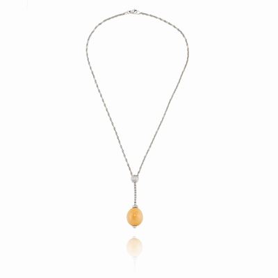 Collana in Oro Bianco 18k, Perla Naturale Melo e Diamanti