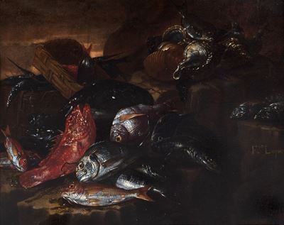 Trionfo di pescato, olio su tela