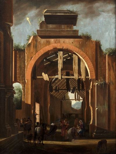 Capriccio architettonico con Adorazione dei Magi, olio su tela
