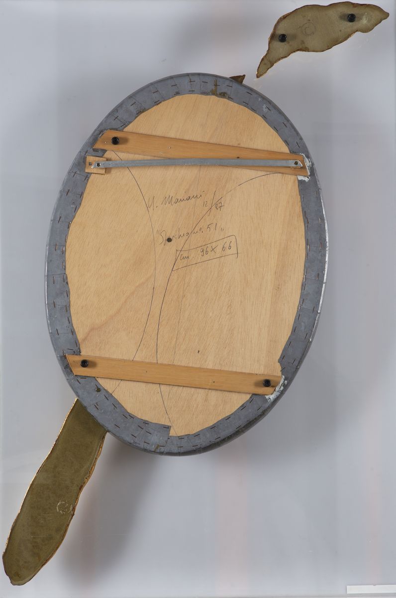 Umberto Mariani - Specchio n. 51, lamina di piombo e foglia d'oro su legno scolpito, 1987