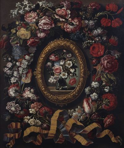 Due nature morte di fiori entro clipei e ghirlande, olio su tela