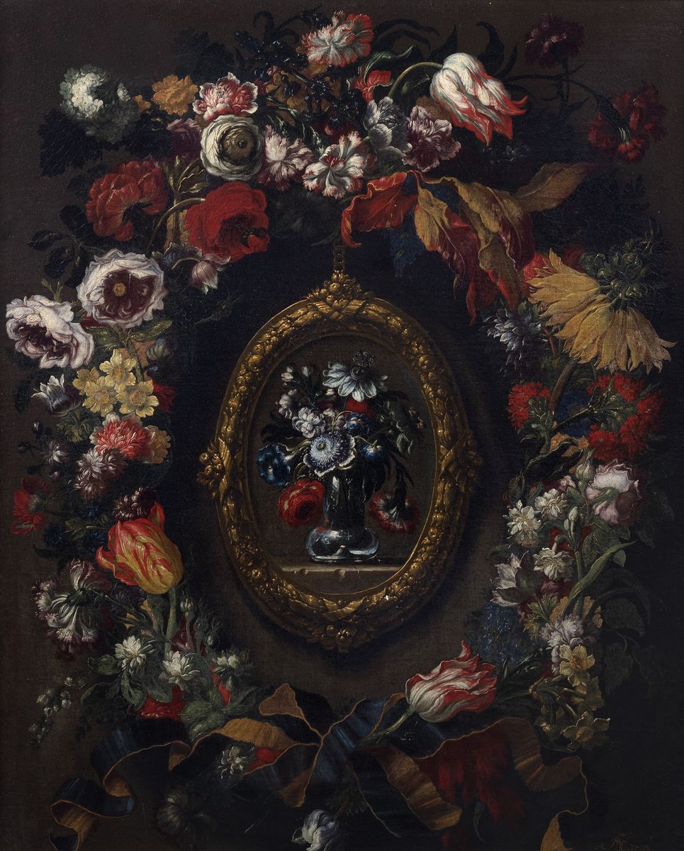 Andrea Scacciati - Due nature morte di fiori entro clipei e ghirlande, olio su tela