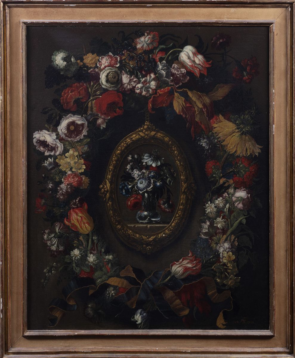 Andrea Scacciati - Due nature morte di fiori entro clipei e ghirlande, olio su tela