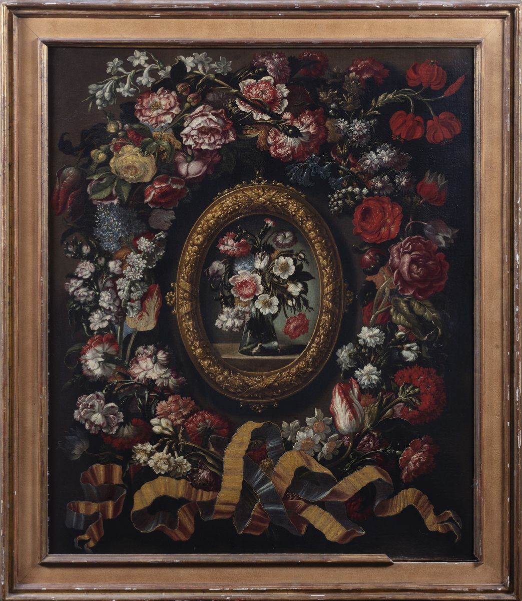 Andrea Scacciati - Due nature morte di fiori entro clipei e ghirlande, olio su tela