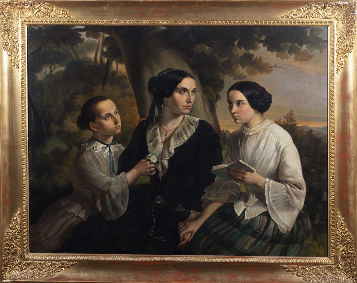 Scuola Lombarda, Secolo XIX - Autore non identificato, Ritratto di gentildonna con le due figlie,...