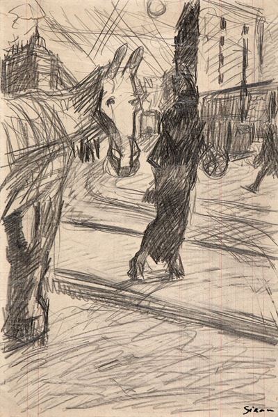 Paesaggio urbano con cavallo, matita su carta di registro