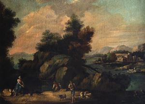 River landscape with shepherds and herds and farmhouses in the distance