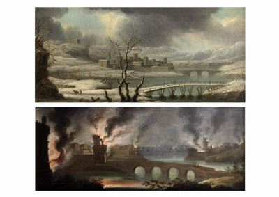 Paesaggio invernale con ponti e viandanti e Veduta di città fortificata in fiamme, olio su tela