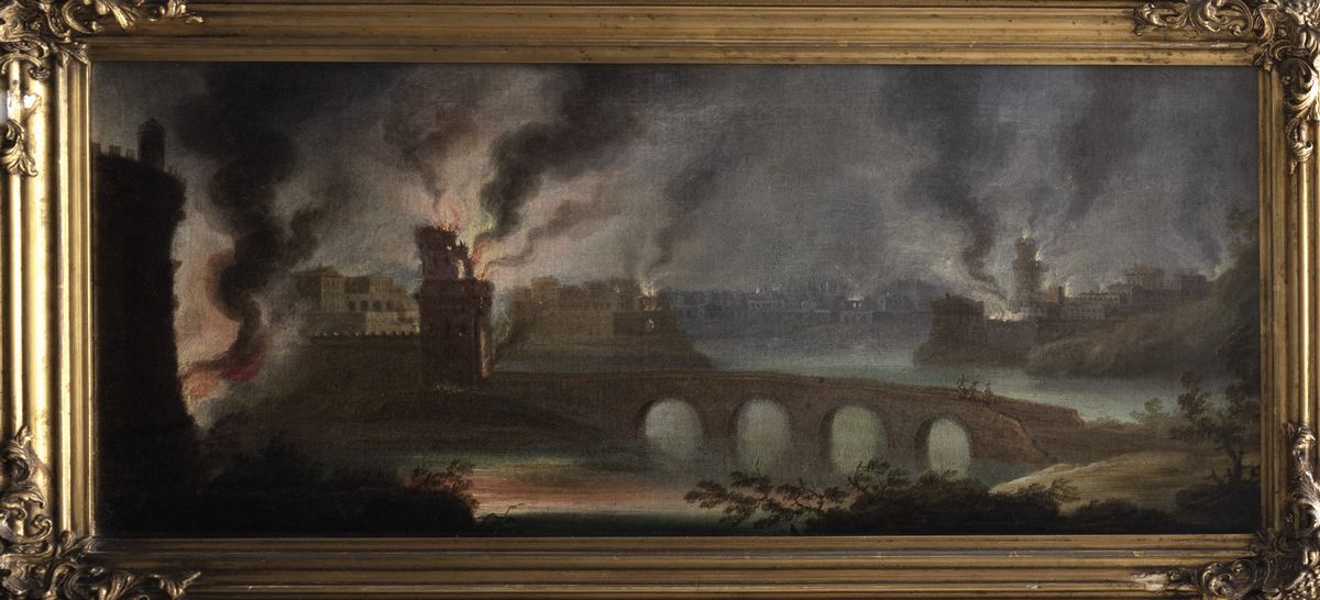 Orazio Grevenbroek - Paesaggio invernale con ponti e viandanti e Veduta di città fortificata in f...