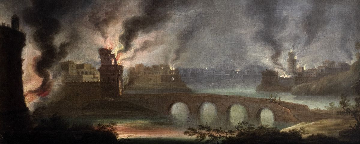 Orazio Grevenbroek - Paesaggio invernale con ponti e viandanti e Veduta di città fortificata in f...