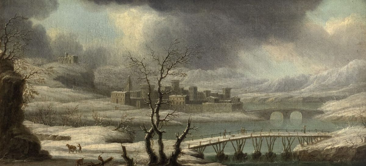 Orazio Grevenbroek - Paesaggio invernale con ponti e viandanti e Veduta di città fortificata in f...