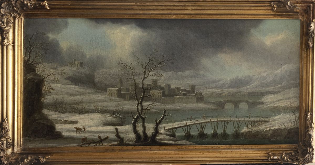 Orazio Grevenbroek - Paesaggio invernale con ponti e viandanti e Veduta di città fortificata in f...