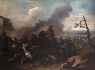 Scontro di cavalieri, olio su tela