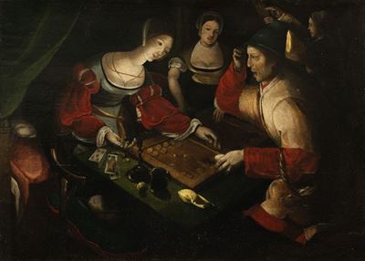Giocatori di backgammon, olio su tavola