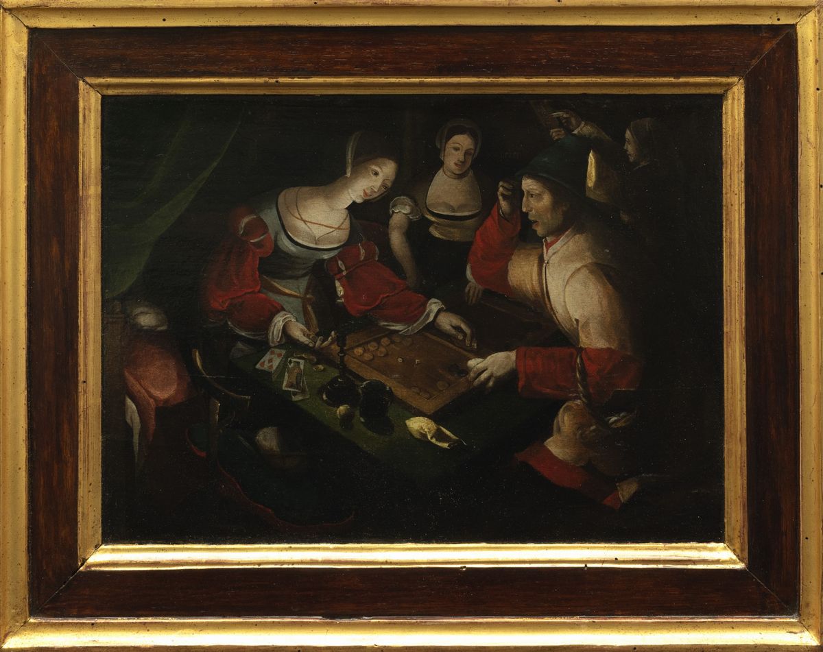 Scuola Fiamminga, Secolo XVII - Giocatori di backgammon, olio su tavola