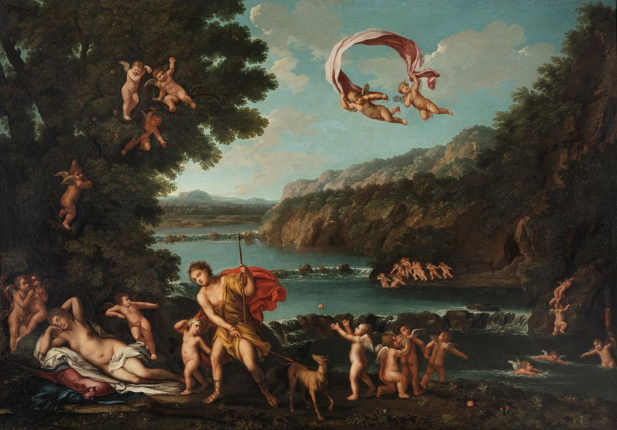Scuola Bolognese, Secolo XVII - Francesco Albani, Venere e Adone, olio su tela cm 122 x 172