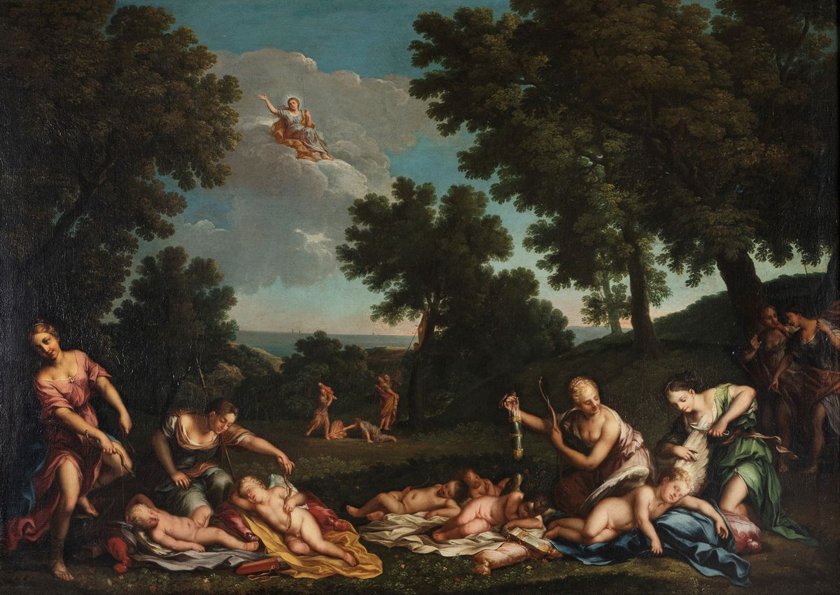 Scuola Bolognese, Secolo XVII - Albani, Cupidi disarmati dalle ninfe di Diana, olio su tela