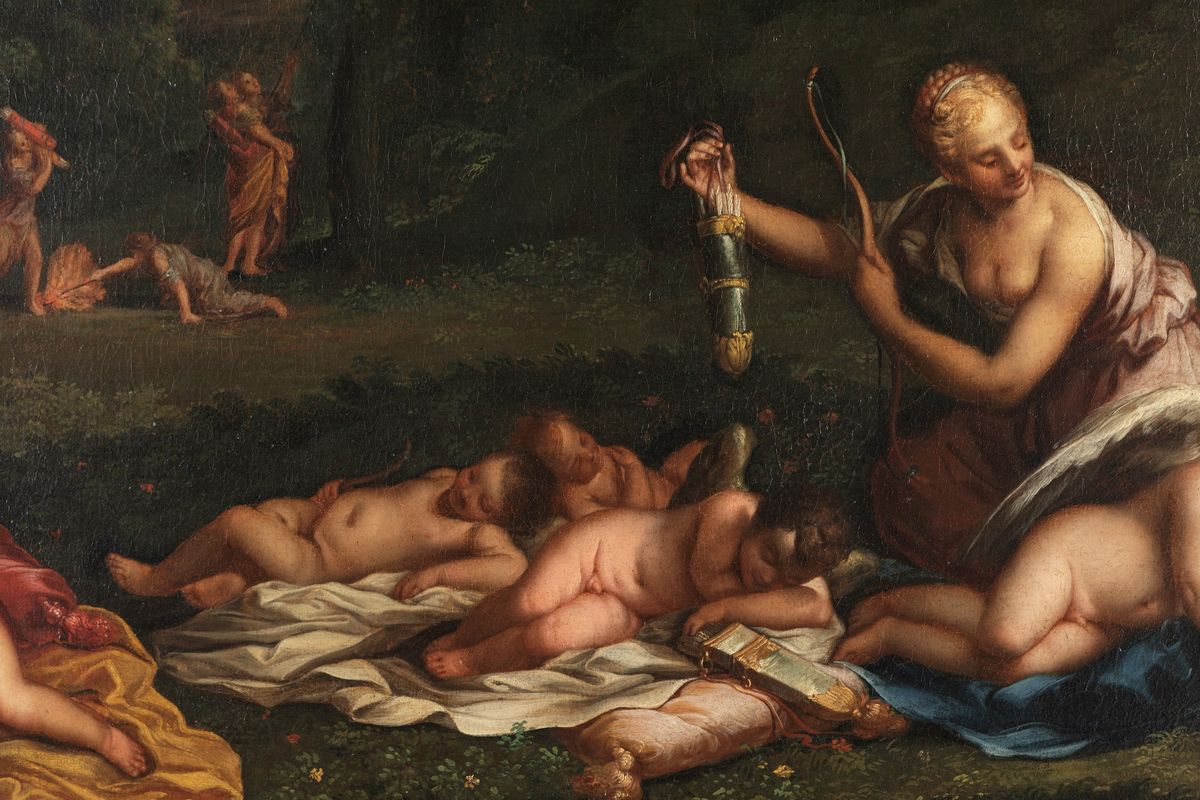 Scuola Bolognese, Secolo XVII - Albani, Cupidi disarmati dalle ninfe di Diana, olio su tela