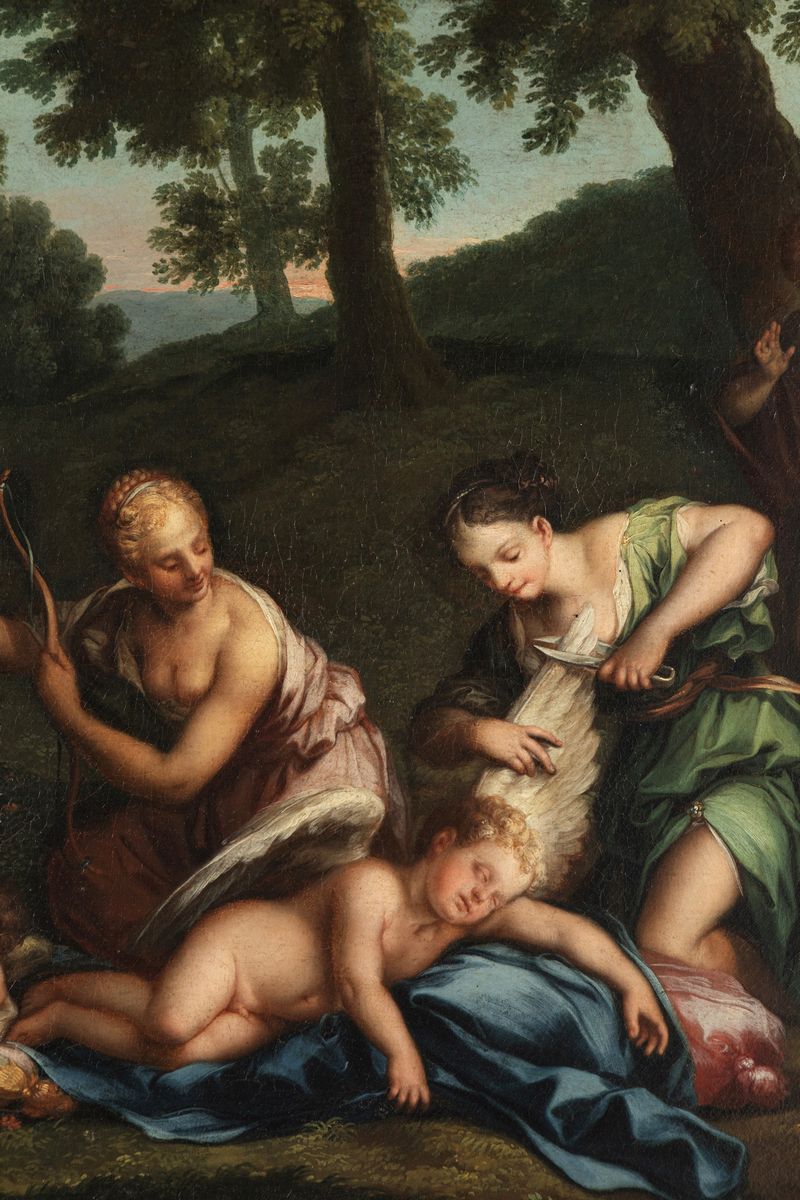 Scuola Bolognese, Secolo XVII - Albani, Cupidi disarmati dalle ninfe di Diana, olio su tela