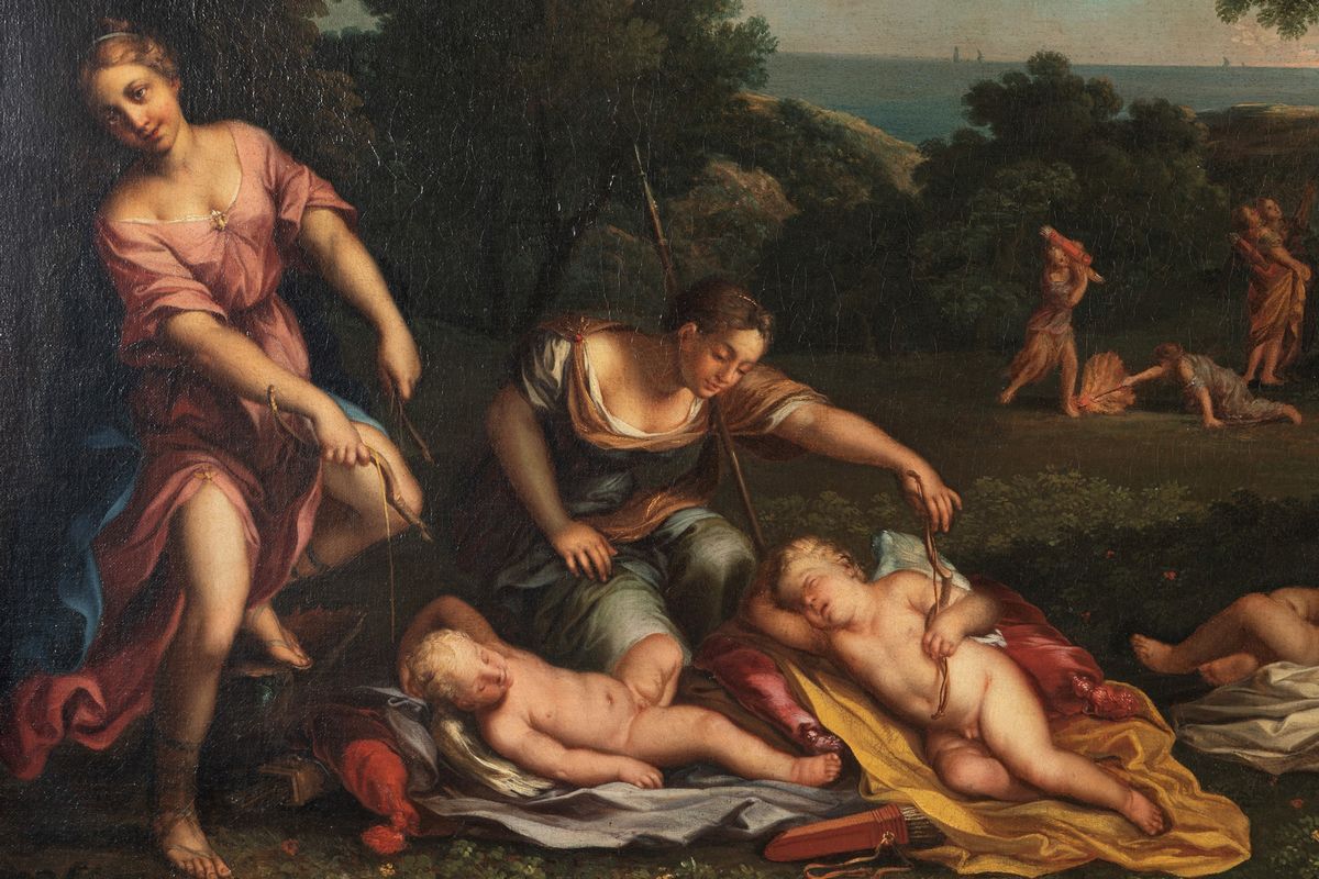 Scuola Bolognese, Secolo XVII - Albani, Cupidi disarmati dalle ninfe di Diana, olio su tela