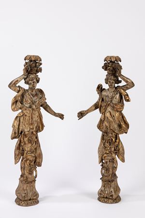 Coppia di cariatidi in legno dorato e dipinto. Venezia secolo XVII