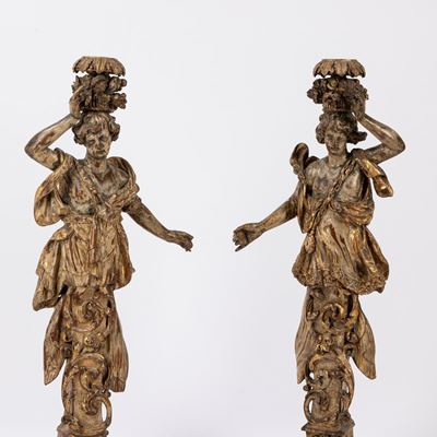 Coppia di Cariatidi in Legno Intagliato, Dorato e Laccato. Venezia Secolo XVII