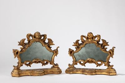 Coppia di Cartaglorie in Legno Dorato e Intagliato, Montate a Specchio
