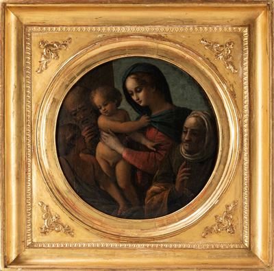 Autore sconosciuto, Sacra Famiglia con San Giovannino e Sant'Anna, olio su tavola tonda