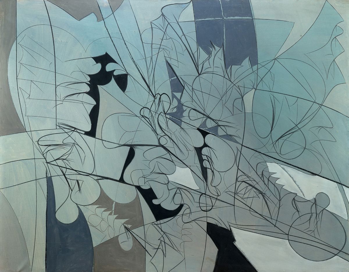 Renato Volpini - Racconto (1964), olio, matita e carboncino su tela