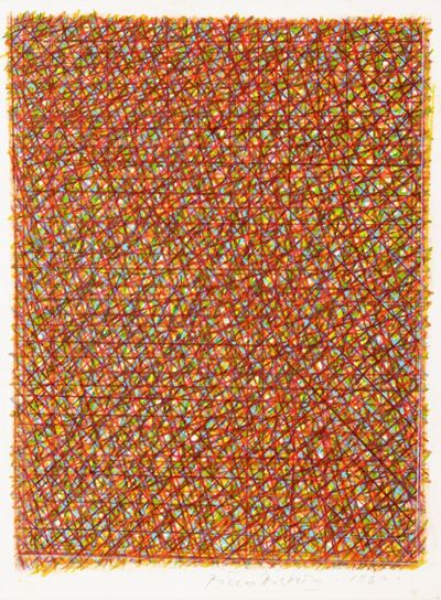 Reticolo (1960), pastelli e inchiostro su carta applicata su tela